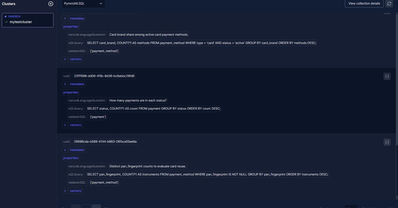 Sample entries from the PymntsNLSQL Weaviate collection
